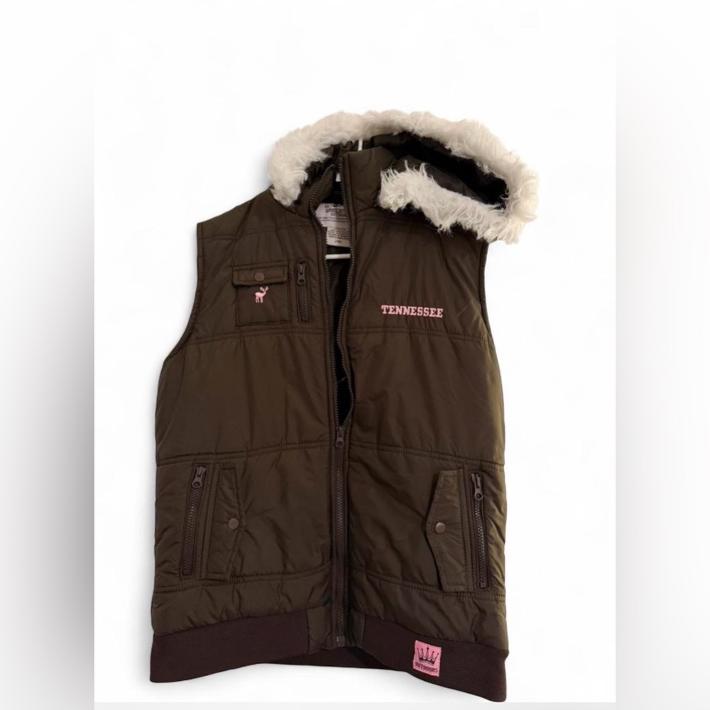 American Crown Outdoors Brown Hooded Puffer Vest Faux Fur Trim Girls 2XL